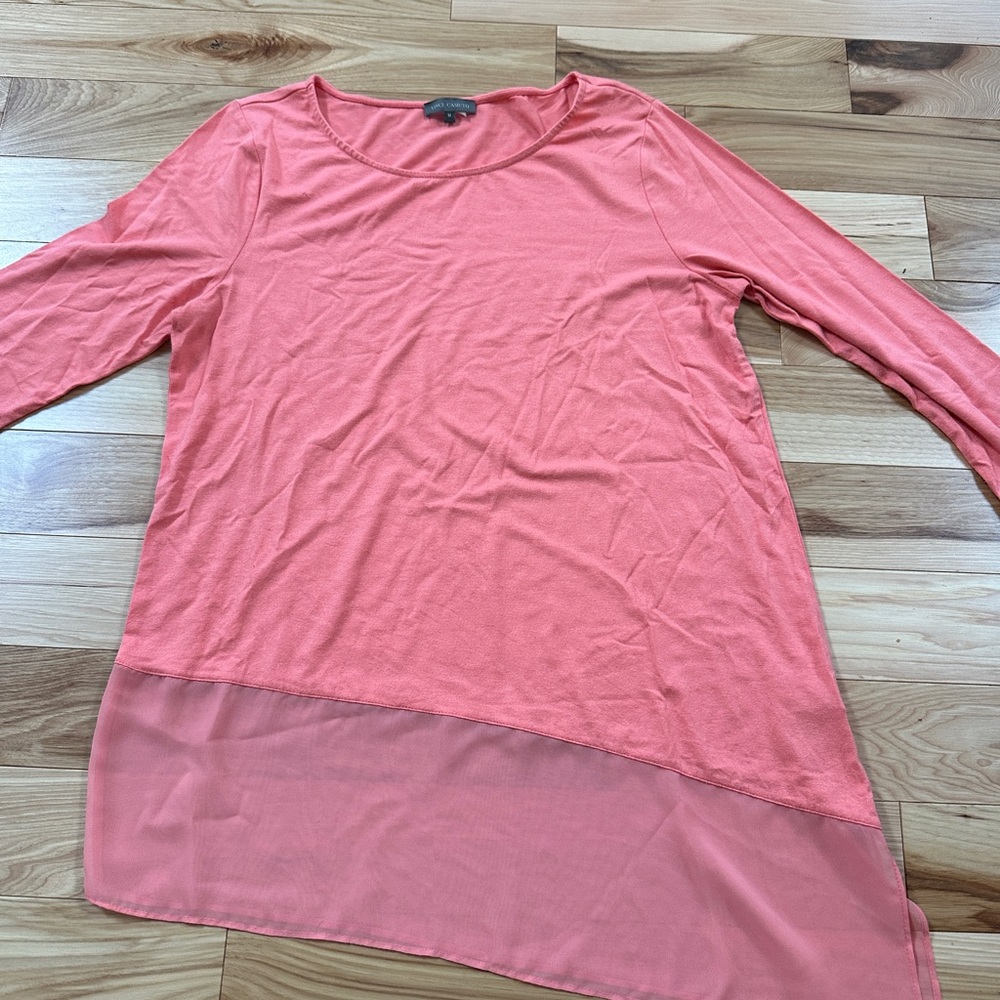 Vince Camuto Coral 3/4 Sleeve salmon colored Top with asymmetrical sheer hem